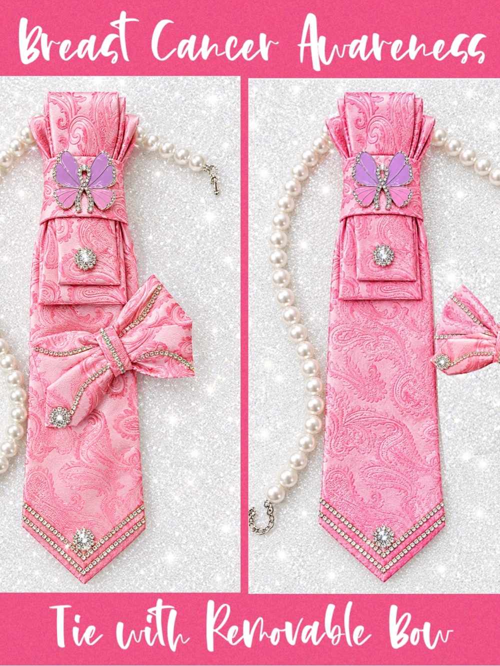 Breast Cancer Awareness Pink Tie Necklace w Removable Bow and Accents